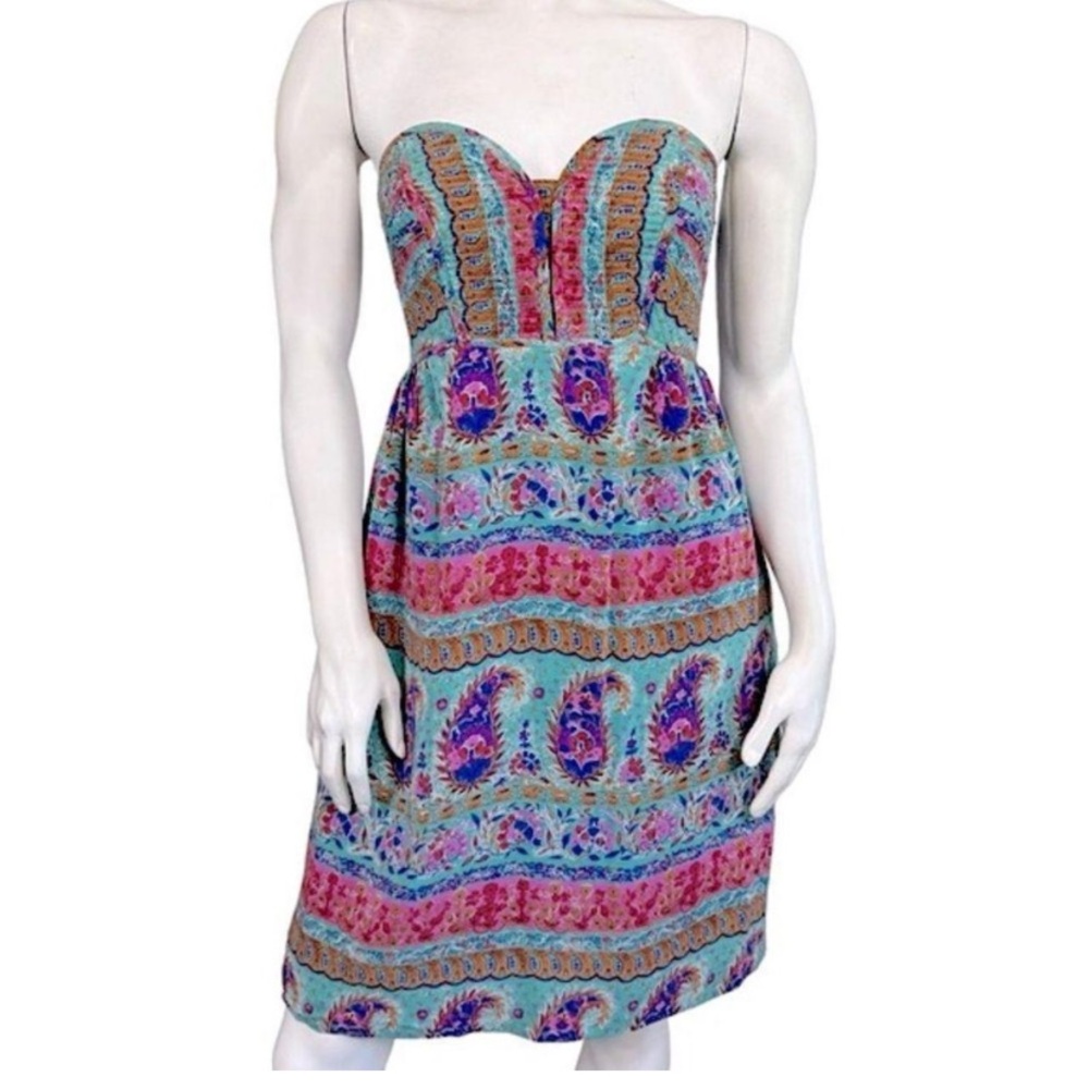 NWOT Anthropologie Maple 100% Silk Strapless Turquoise Boho Floral Lined Dress 8